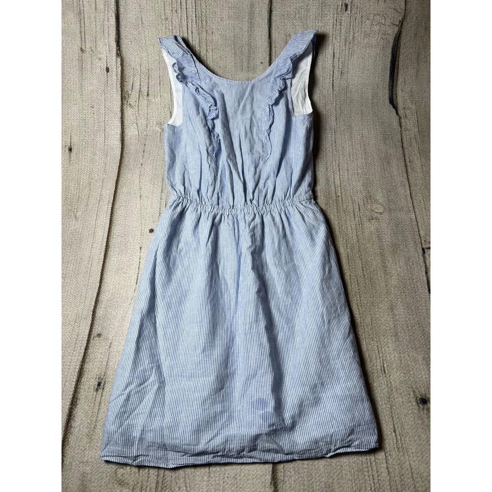 J. Crew Dress Womens 00 Blue Seersucker Linen Blend Ruffle Coastal Preppy